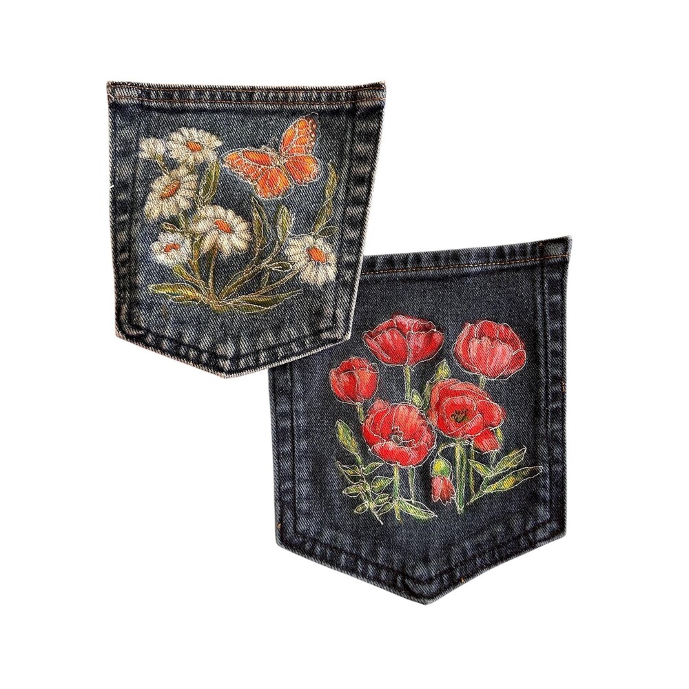 Handmade Hand Painted Patch/Pocket -One-of-a-kind - Set of 2